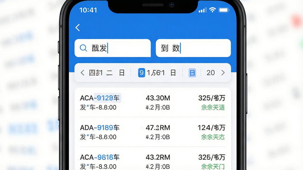 手机屏幕中央展示铁路火车票查应用主界面,上方搜索栏显示出发城市与到达城市输入框,中间为日期选择条,下方列表展示多趟高铁车次信息,包含车次编号、发车时间、到达时间与余票状态,界面采用蓝白配色,布局清晰,风格简洁现代,细节包括状态栏时间与电池图标,画质高清,干净,无多余元素