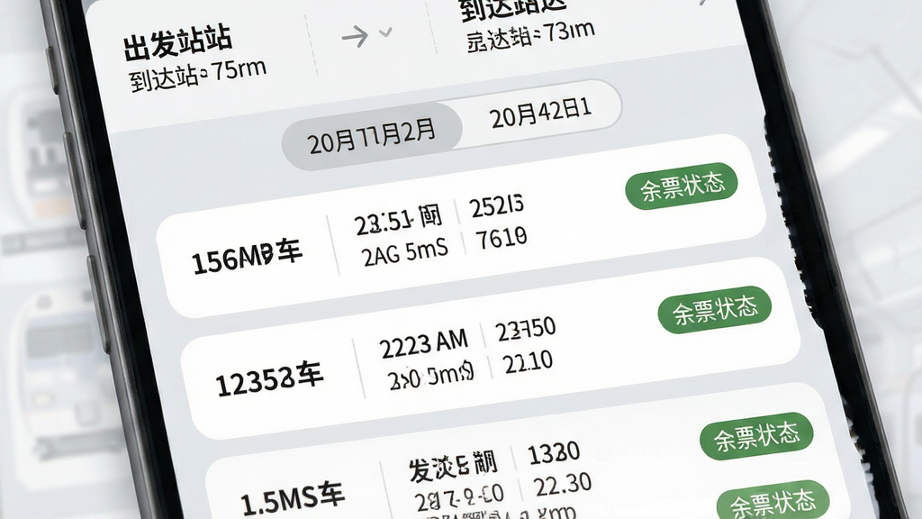 铁路火车票查应用内车次列表页面特写,屏幕上方显示出发站与到达站名称,中部为日期切换标签,下方纵向排列多趟列车卡片,每张卡片左侧为车次编号,中间为发到时间与历时,右侧为余票状态标签,背景为浅灰色,卡片为白色圆角设计,风格清爽,画质清晰,干净,无多余元素