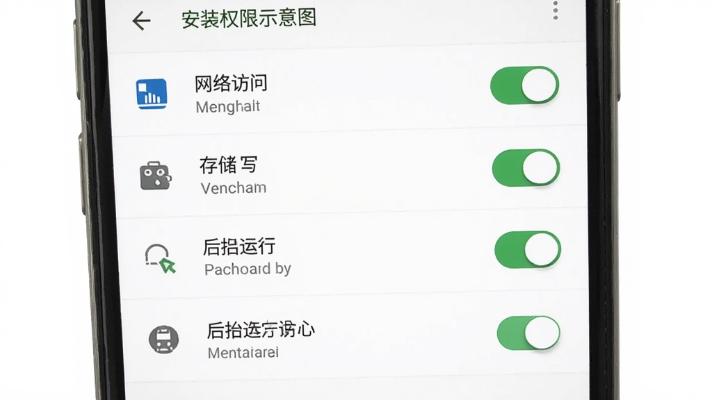 铁路火车票查安装权限设置示意图,手机屏幕显示应用权限管理页面,包含网络访问、存储读写、后台运行等权限开关,其中网络与存储权限为开启状态,界面为安卓原生设置风格,背景白色,图标简洁,画质清晰,干净,无多余元素