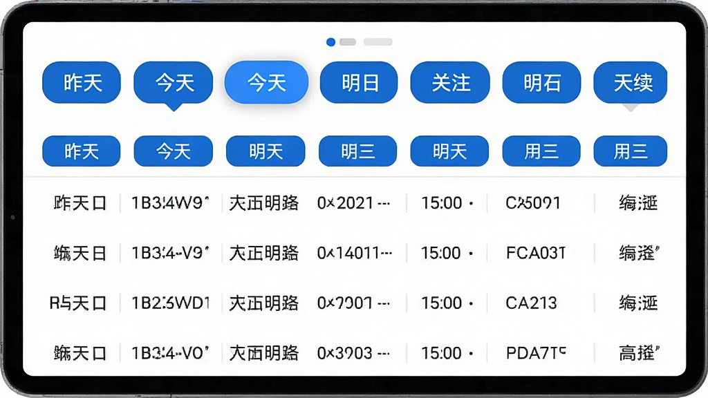 铁路火车票查日期切换功能界面,屏幕顶部显示横向日期选择条,包含昨天、今天、明天及后续日期,当前选中日期高亮显示,下方车次列表随日期变化更新,界面背景为白色,日期标签为蓝色圆角矩形,风格统一,画质高清,干净,无多余元素