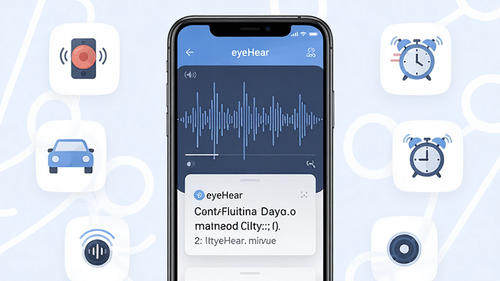 һ��չʾ eyeHear ������������ֻ���Ļ��ͼ�������������ֻ���������Ļ����ʾ�������ӻ�����������ʶ������Ƭ����Χ���������塢���������ӵ�������Դ��ͼ�꣬���岼�ּ�����������Ϊ�ִ��Ƽ��б�ƽ����ƣ�ϸ�ڰ�����͵���ɫ���ɫ��ɫ�����ʸ���ɾ��޶���Ԫ��