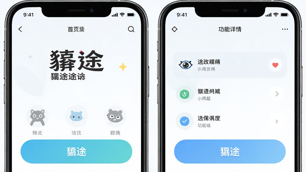 画面展示“貔途”应用的两屏界面并排对比,左侧为首页,右侧为功能详情页,界面元素简洁,按钮大而清晰,背景为浅色,布局采用左右对称展示,风格清新明快,细节上突出文字可读性与图标辨识度,画质清晰,干净无多余元素