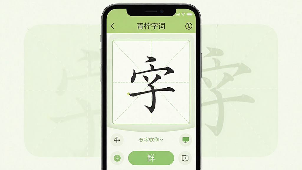 一张展示青柠字词软件界面的手机效果图,主体为一部竖屏智能手机,屏幕中显示青柠字词APP的主操作界面,包含田字格预览区域和功能按钮,布局简洁清晰,排版居中,风格为清新浅绿色调,细节上体现汉字笔画与田字格线条,画面干净无多余元素,高画质,适合软件下载站展示