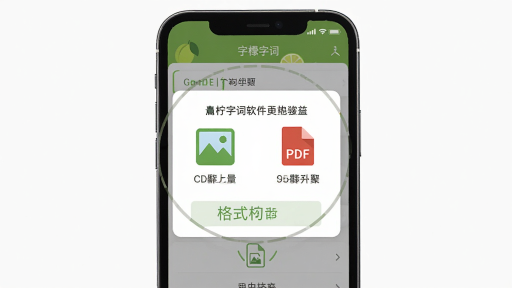 青柠字词软件在手机上导出字帖的操作步骤示意图,主体为手机屏幕展示导出菜单与格式选项,布局为弹出式面板,排版清晰,风格简洁引导式,细节包含图片与PDF格式图标,画质干净,无多余装饰