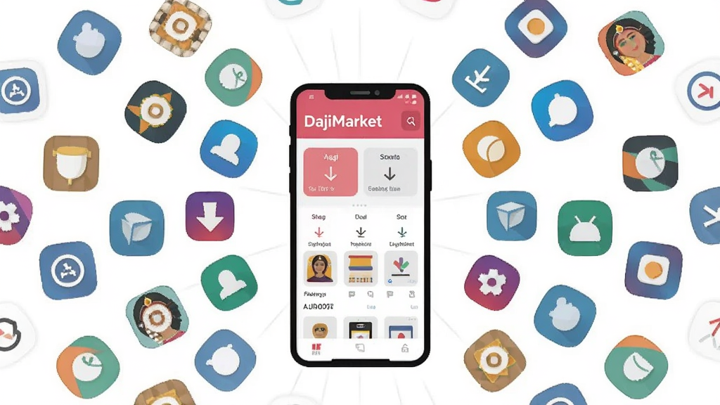 一张表现 DajiMarket 海量应用聚合功能的图片,画面主体是多个应用图标从四周汇聚到中央的手机屏幕中,屏幕内显示 DajiMarket 界面,布局采用中心放射式构图,风格扁平化插画风,细节包括不同颜色的应用图标、分类标签、下载箭头,画质清晰,干净,无多余元素