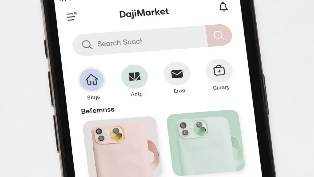 一张展示 DajiMarket 简洁界面设计的图片,画面为手机屏幕特写,屏幕内显示 DajiMarket 首页,包含搜索框、分类图标和推荐列表,布局为居中展示,风格极简清新,细节包括留白区域、圆角卡片、柔和配色,画质清晰,干净,无多余元素