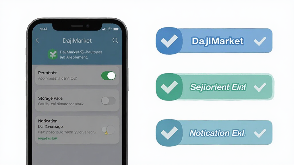 一张展示 DajiMarket 新手使用注意事项的图片,画面为手机屏幕显示 DajiMarket 设置界面,屏幕旁有提示图标和勾选标记,布局为左右分栏,风格清新扁平,细节包括权限开关、存储路径、通知选项,画质清晰,干净,无多余元素