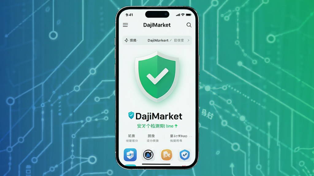 一张展示 DajiMarket 安全检测机制的图片,画面中央是手机屏幕显示盾牌图标和检测通过字样,屏幕内呈现 DajiMarket 界面,布局为居中构图,风格安全科技风,细节包括绿色盾牌、勾选标记、应用图标,画质清晰,干净,无多余元素