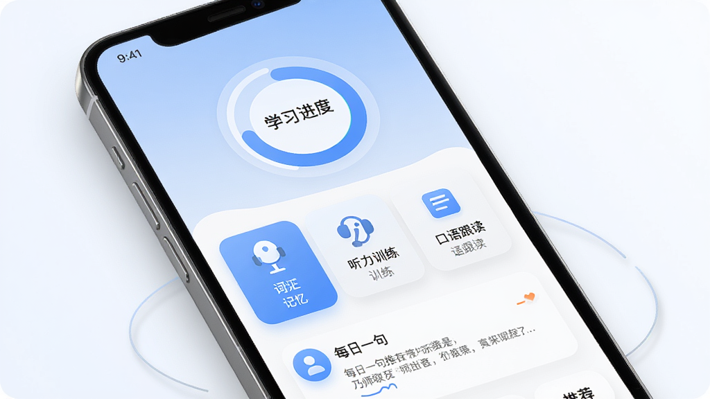 乃师软件主界面预览图,主体为一部智能手机,屏幕显示乃师APP的首页界面,布局上方是用户学习进度环形图,中间是词汇记忆、听力训练、口语跟读三个功能卡片,下方是每日一句推荐。排版整齐清晰,风格为现代简约科技风,细节包括柔和的蓝白配色、圆角图标、微投影效果。画质高清,干净无多余元素。
