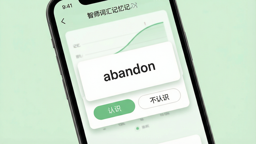乃师智能词汇记忆功能界面,主体为手机屏幕特写,屏幕中央显示单词卡片“abandon”,下方有“认识”与“不认识”两个按钮,背景有记忆曲线图表。布局突出单词卡片,排版简洁。风格为清新学习风,细节包括淡绿色背景、白色卡片、柔和阴影。画质高清,干净无多余元素。