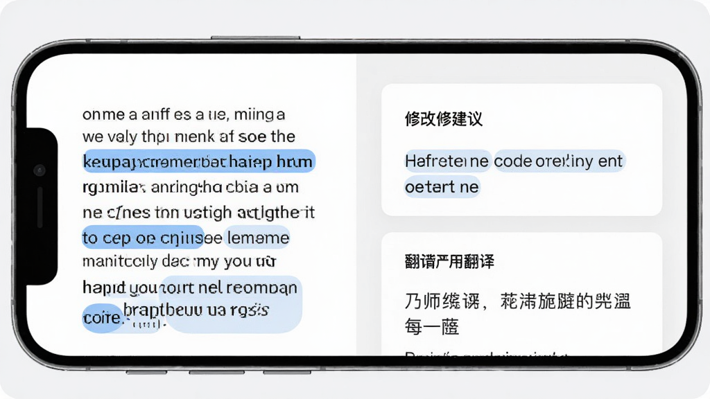 乃师语法纠错与翻译界面,主体为手机屏幕,屏幕左侧显示英文段落,右侧显示修改建议和中文翻译。布局左右分栏,排版工整。风格为商务学习风,细节包括浅灰色背景、蓝色高亮修改标记、白色卡片。画质高清,干净无多余元素。