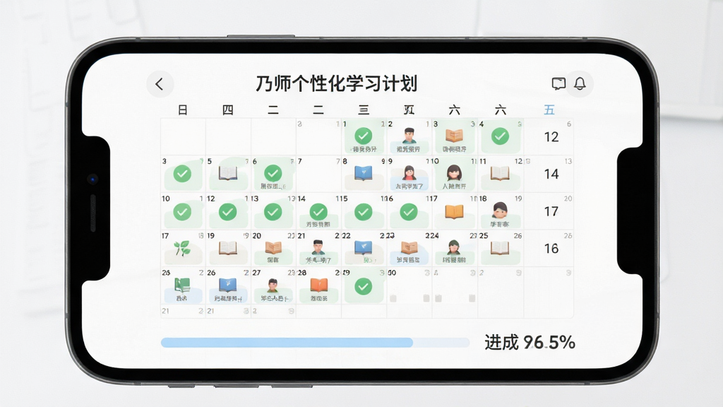 乃师个性化学习计划界面,主体为手机屏幕,屏幕显示日历视图,每天标注了不同的学习任务图标,下方有进度条和完成百分比。布局以日历为核心,排版规整。风格为清新效率风,细节包括白色背景、绿色勾选图标、淡蓝色进度条。画质高清,干净无多余元素。