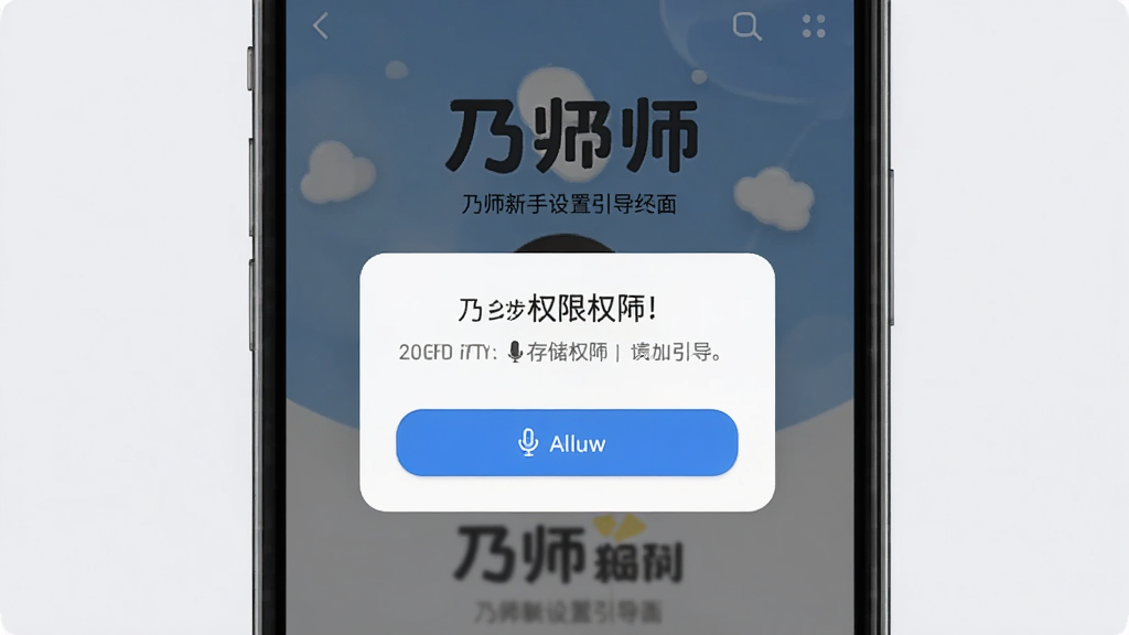 乃师新手设置引导界面,主体为手机屏幕,屏幕显示权限请求弹窗,包括存储权限和麦克风权限的允许按钮,背景是乃师欢迎页。布局居中弹窗,排版简洁。风格为友好引导风,细节包括白色弹窗、蓝色按钮、淡灰色背景。画质高清,干净无多余元素。