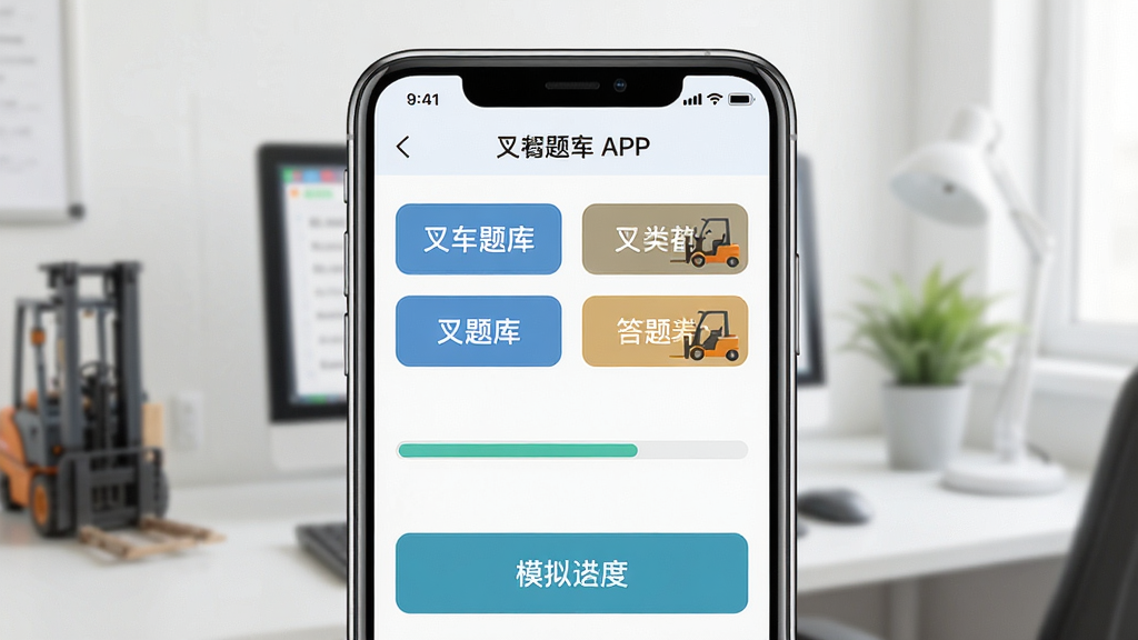 一张手机屏幕展示叉车司机超题库APP主界面,界面中显示叉车考试题库分类和模拟考试入口,背景是简洁的驾考学习场景,主体为手机和APP界面,布局居中,排版清晰,风格为写实数码产品展示,细节包括题库按钮、答题进度条、叉车图标,画质高清,干净,无多余元素