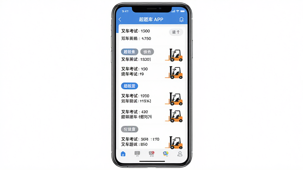 一张展示叉车司机超题库APP题库列表界面的图片,画面中手机屏幕显示大量叉车考试题目分类,主体为手机界面,布局为居中展示,排版整齐,风格为科技学习类,细节包括题目数量统计、分类标签、叉车图案,画质清晰,干净,无多余元素