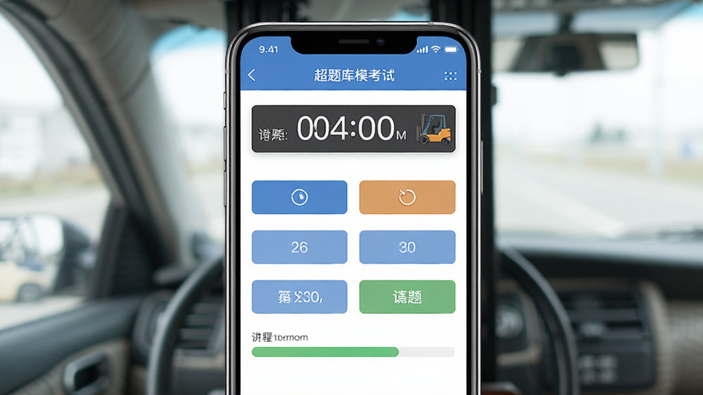 一张展示叉车司机超题库APP模拟考试界面的图片,画面中手机屏幕显示考试倒计时、答题选项和进度条,主体为手机界面,布局居中,排版清晰,风格为考试系统类,细节包括计时器、选项按钮、叉车图标,画质高清,干净,无多余元素