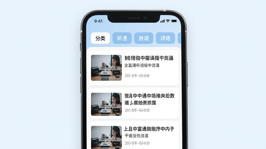 中富通应用资讯页面展示图,手机屏幕内呈现新闻列表样式,每条资讯配有缩略图和标题文字,顶部有分类标签栏,整体界面清爽整洁,色调以白色和浅蓝为主,风格现代,画质清晰,无多余元素