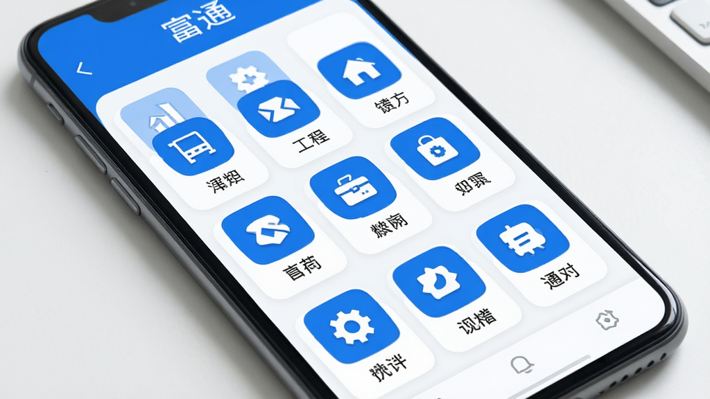 一部智能手机屏幕中展示中富通应用的多功能模块界面,画面中央是整齐排列的功能图标网格,每个图标下方有中文标签,整体色调为蓝色与白色搭配,风格商务简约,细节清晰,画质干净,无多余元素