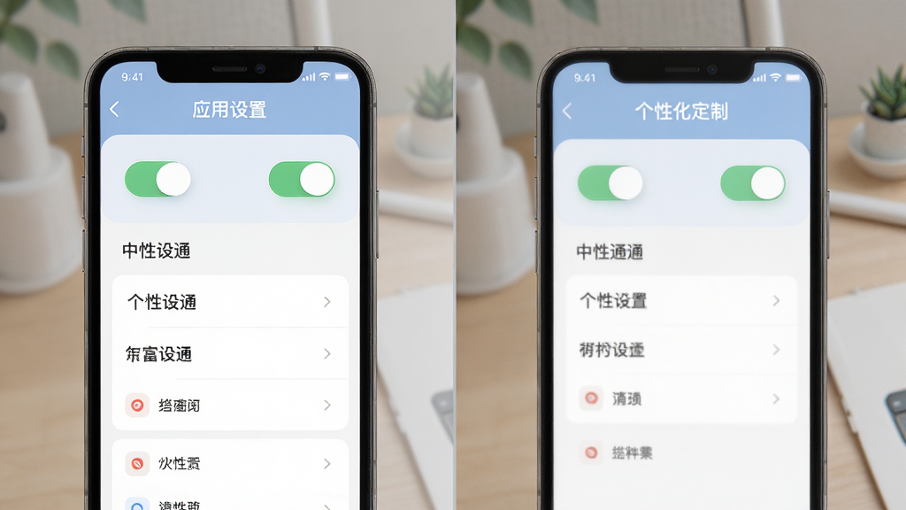 中富通应用设置页面与个性化定制界面展示图,手机屏幕中显示开关按钮和选项列表,界面布局清晰有序,配色柔和,风格简洁,细节丰富,画质干净,无多余元素