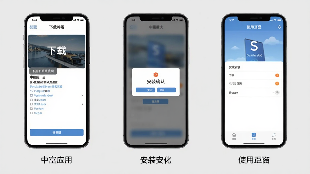 中富通应用在手机上的操作步骤示意图,画面分为三个手机屏幕并排展示,分别显示下载页面、安装确认弹窗和使用界面,每个屏幕下方有简短中文标注,背景为浅灰色,风格教程类,细节清晰,画质干净,无多余元素