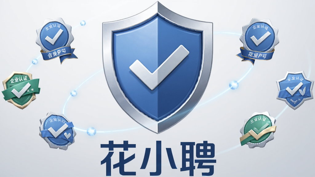 画面主体是一个盾牌形状的图标,盾牌中央有对勾符号,盾牌下方是“花小聘”文字标识,周围环绕着代表企业认证的徽章元素,布局采用左右对称的居中排版,风格为简洁的商务科技感,细节上盾牌带有轻微金属光泽,背景为浅灰色渐变,画质清晰,干净,无多余元素