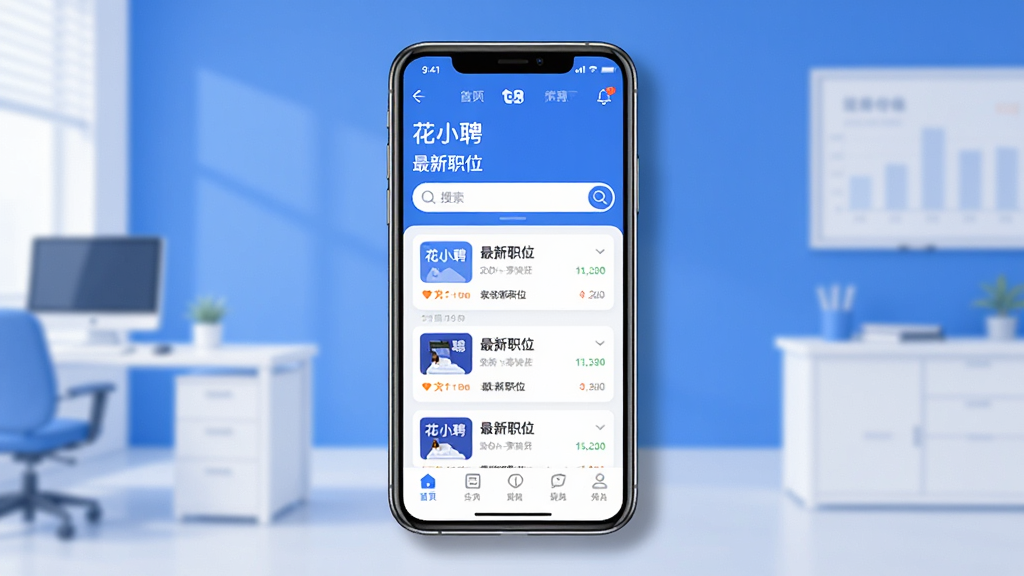 画面中央展示一部智能手机,手机屏幕显示花小聘APP的首页界面,包含职位列表和搜索框,背景是简洁的蓝白配色办公环境,布局采用居中构图,风格为现代扁平化UI设计,细节上手机边缘有轻微阴影,屏幕内文字清晰显示“花小聘”和“最新职位”,画质高清,干净,无多余元素