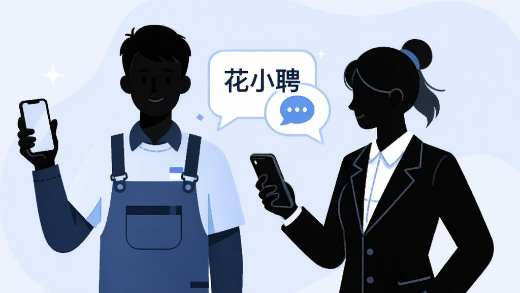 画面展示两个人物剪影,左侧是求职者拿着手机,右侧是企业招聘人员拿着手机,两人中间有对话气泡连接,气泡内包含“花小聘”文字和聊天图标,布局为左右对比构图,风格为扁平化插画风,细节上人物穿着工装和职业装,背景为柔和的浅蓝色,画质清晰,干净,无多余元素