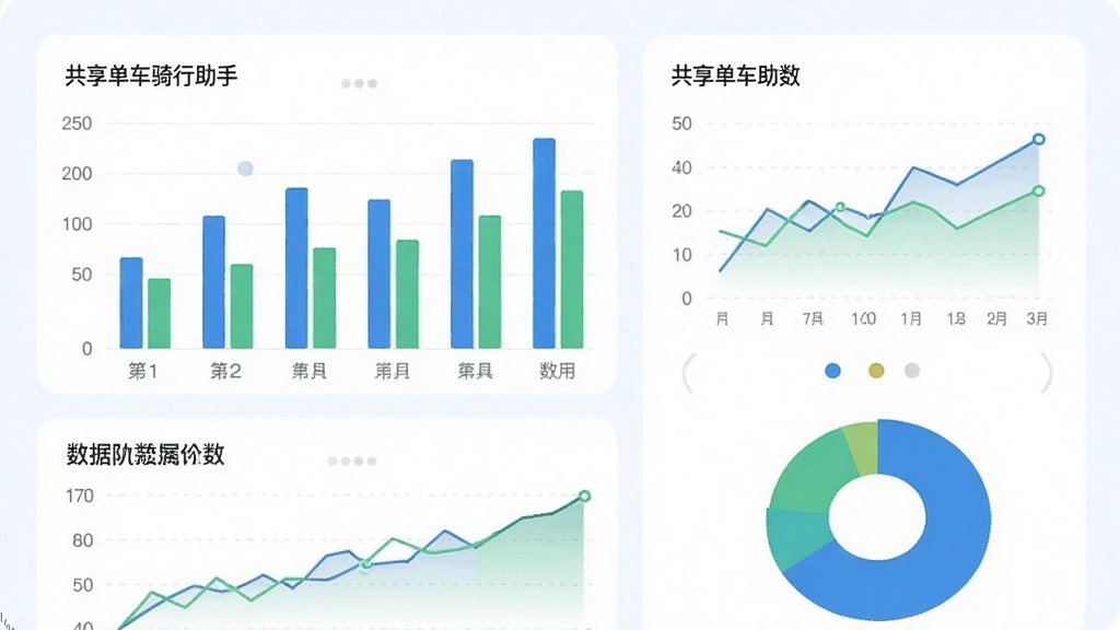 共享单车骑行助手应用的数据统计页面截图风格插画,画面中有柱状图、折线图、饼图等数据可视化元素,配色以蓝色和绿色为主,布局清晰,风格现代简约,细节精致,画质高清,干净,无多余元素