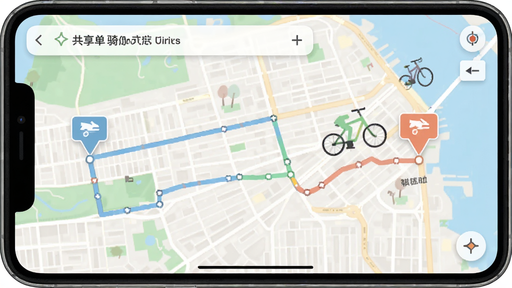 共享单车骑行助手应用的轨迹回放界面展示,地图上有彩色骑行路线标注,起点和终点有明确标记,画面风格为扁平化地图设计,配色柔和,布局合理,细节清晰,画质高清,干净,无多余元素