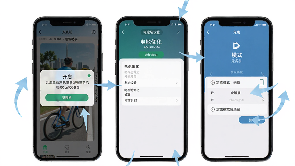 共享单车骑行助手应用在手机上的安装设置界面展示,画面中有权限开启提示弹窗、电池优化设置页面、定位模式选择界面,手机周围有箭头指示操作步骤,风格为教程图解,布局清晰,细节丰富,画质高清,干净,无多余元素
