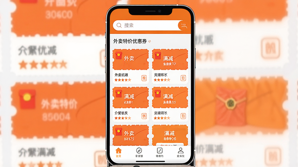外卖订餐特价优惠券聚合页面,手机界面展示多张外卖红包和满减券整齐排列,顶部有搜索栏,底部有导航菜单,配色以橙色和白色为主,扁平设计风格,画面干净明亮,高清画质