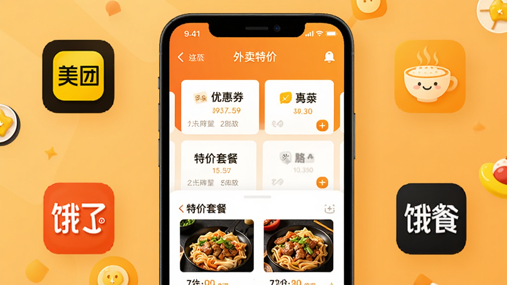 外卖订餐特价软件主界面展示,手机屏幕中央显示外卖优惠券列表和特价套餐推荐,周围环绕美团饿了么图标元素,背景为温馨的橙黄色调,扁平化UI风格,干净整洁无多余元素,高清画质