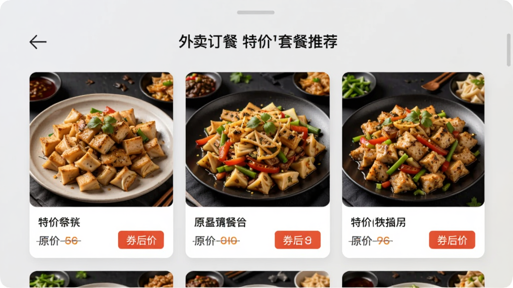 外卖订餐特价特价套餐推荐界面,展示多个餐品卡片带有原价划线价和券后价标签,餐品图片清晰诱人,背景为浅灰色,卡片式布局,简洁现代风格,高清画质