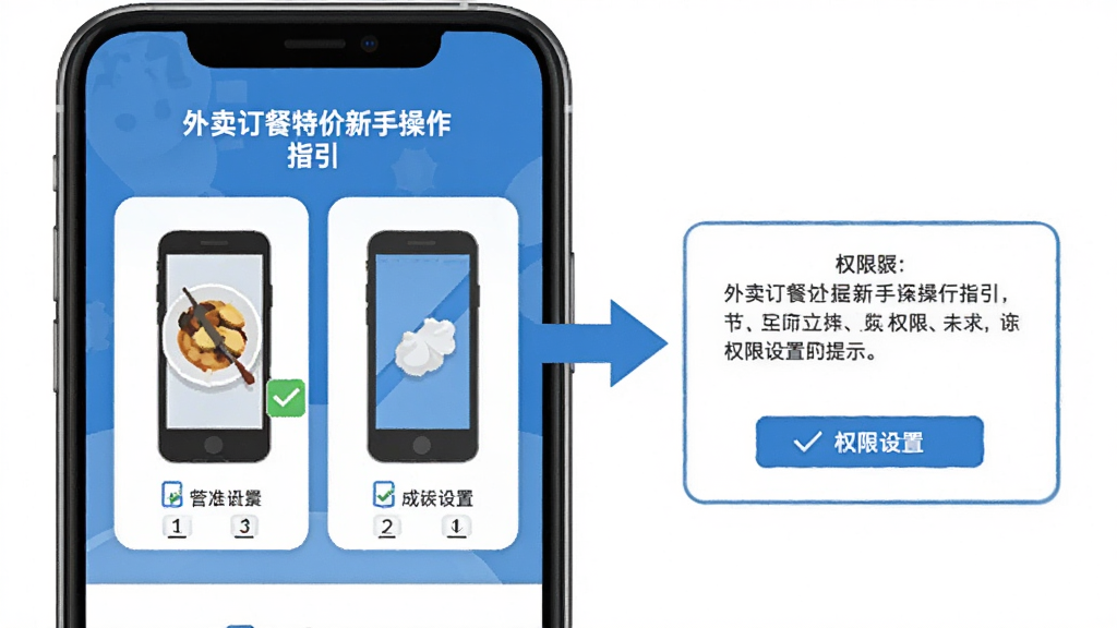 外卖订餐特价新手操作指引界面,手机屏幕展示安装步骤图示和权限设置提示,包含勾选标记和箭头指示,风格简洁明了,配色以蓝色和白色为主,扁平化设计,高清画质