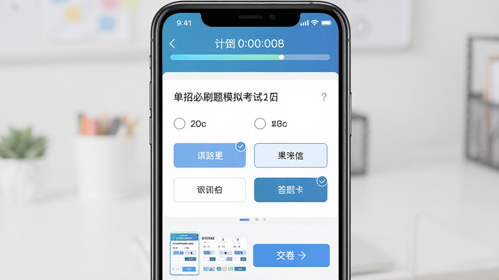 单招必刷题模拟考试功能展示图,主体为手机屏幕显示模拟考试答题界面,布局上方为倒计时进度条,中间为单选题题干与四个选项按钮,下方为答题卡缩略图和交卷按钮,排版紧凑合理,风格为考试系统UI,细节包含选中高亮状态和题号标记,画质高清干净无多余元素