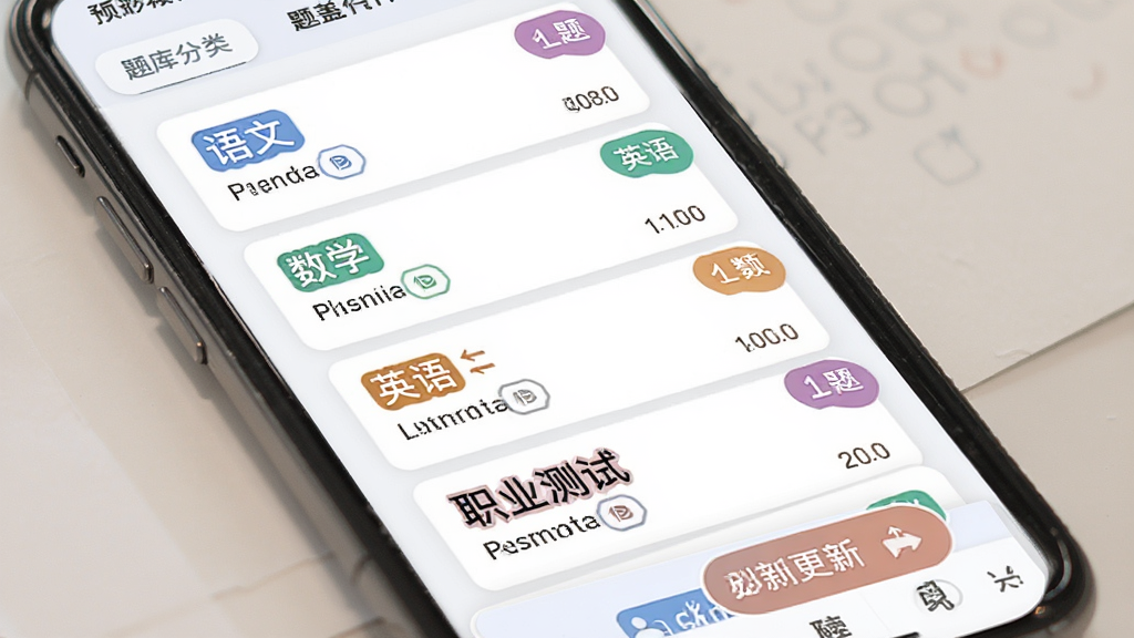 单招必刷题题库覆盖界面预览图,主体为手机屏幕显示题库分类列表,布局为纵向排列的语文、数学、英语、职业测试等科目卡片,每张卡片带有题目数量角标,排版错落有致,风格为扁平化教育设计,细节包含彩色科目标签和刷新更新按钮,画质清晰干净无多余元素