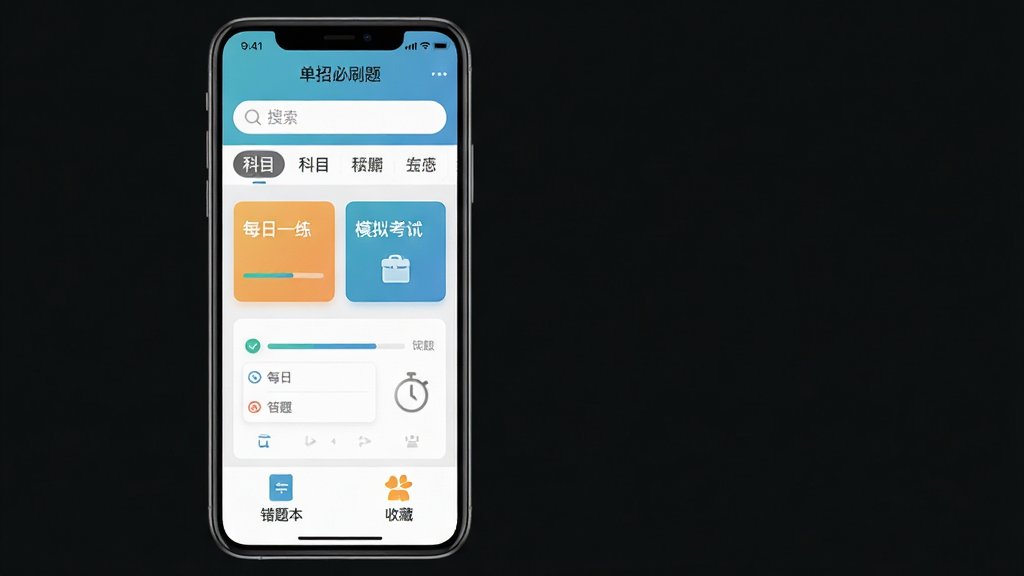 单招必刷题手机应用界面展示图,主体是一部竖屏智能手机,屏幕显示“单招必刷题”APP首页题库练习界面,布局上方为搜索框和科目分类标签,中间为每日一练和模拟考试入口卡片,下方为错题本和收藏夹图标,排版整齐清晰,风格为清新教育类UI设计,细节包含进度条、答题卡和计时器元素,画质高清干净无多余元素
