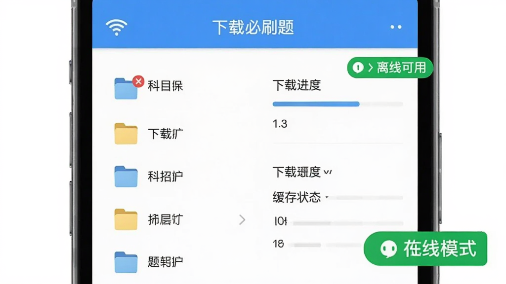 单招必刷题离线刷题场景图,主体为手机屏幕显示已下载题库列表和离线模式标识,布局左侧为科目文件夹,右侧为下载进度和缓存状态,排版简洁明了,风格为功能型应用界面,细节包含WiFi关闭图标和绿色离线可用标签,画质清晰干净无多余元素