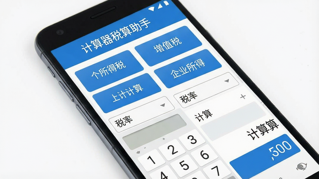 一张展示计算器税算助手软件界面的手机效果图,画面主体为一部竖屏安卓手机,屏幕中显示税务计算器主界面,包含个人所得税、增值税、企业所得税等计算入口按钮,布局简洁清晰,顶部有软件名称“计算器税算助手”字样,整体采用蓝白商务配色风格,细节包含数字键盘、税率选择下拉框、计算结果展示区域,画质清晰,干净,无多余元素