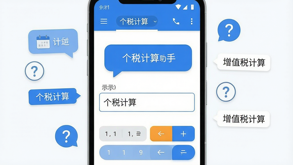 一部安卓手机屏幕显示计算器税算助手的新手引导页面,画面包含步骤提示气泡、输入框示例、计算按钮高亮,手机周围有问号图标和提示标签,布局为居中展示,风格为扁平化UI设计稿,细节包含蓝色主题色、白色背景、清晰的文字标注“个税计算”“增值税计算”,画质清晰,干净,无多余元素