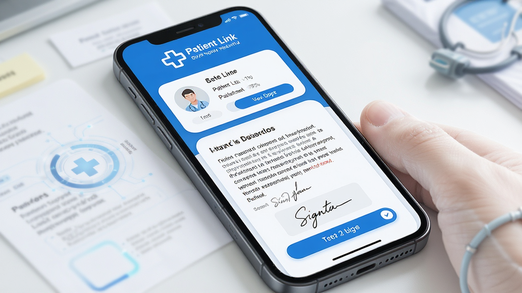 Patient Link ����������ȫòչʾ������Ϊһ�������ֻ���Ļ��ʾ����֪��ͬ����ǩ��ҳ�棬���ֲ������½ṹ�Ϸ�ΪҽԺlogo�뻼����Ϣ���·�Ϊͬ�����ı�����дǩ�������Ű������������Ϊ�ִ�ҽ�ƿƼ��磬ϸ�ڰ�����ɫ��ɫ����Բ�ǿ�Ƭ�������İ�ť�������ʾ�����ʸ���ɾ��޶���Ԫ��