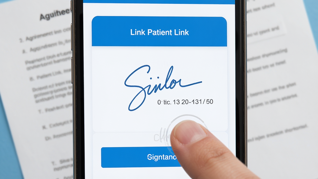Patient Link ����ǩ��������дͼ������Ϊ�ֻ���Ļ�ϵ���дǩ�����򣬲���Ϊ����չʾǩ�������ȷ�ϰ�ť���Ű�ͻ��ǩ���켣��ʱ��������Ϊ��ˬҽ��������ɫ��ϸ�ڰ�����ָ����ǩ�����ʼ������������е���ͬ�������֣����ʸ���ɾ��޶���Ԫ��