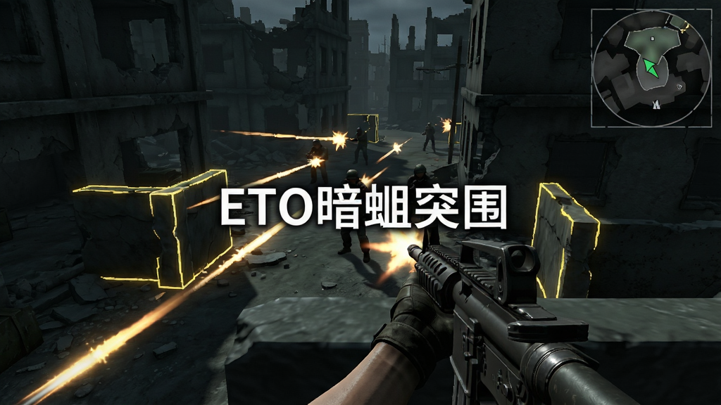 俯视角射击游戏画面,角色位于废墟建筑群中,手持突击步枪瞄准前方敌人,画面用高亮线条标注射击轨迹和掩体位置,右上角小地图显示撤离点方向,画面中央用白色字体标注