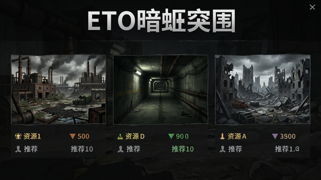 游戏地图选择界面,画面展示三张不同风格的战场缩略图,分别是废弃工厂、地下通道和城市废墟,每张地图下方标注资源等级和推荐人数,画面顶部用醒目字体标注