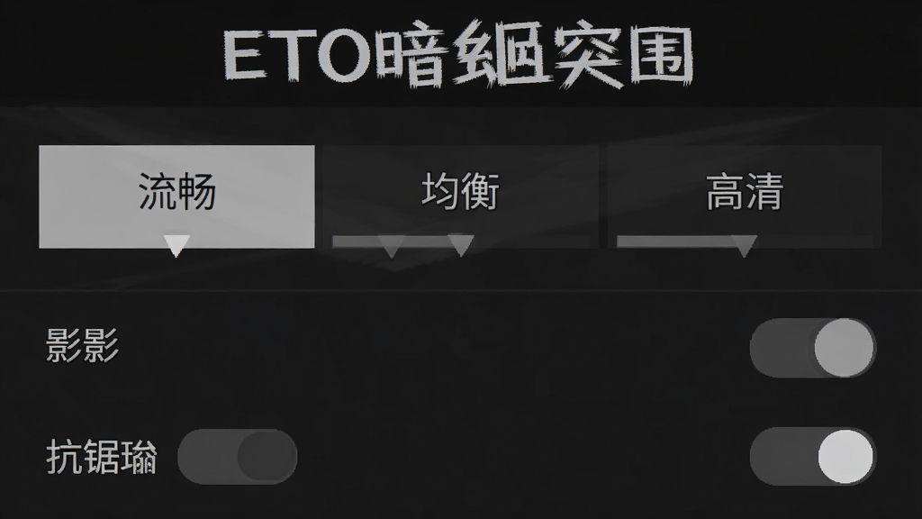 手机游戏设置界面截图,画面展示画质调节选项,包括流畅、均衡、高清三档,下方有阴影开关和抗锯齿开关,画面顶部用白色字体标注