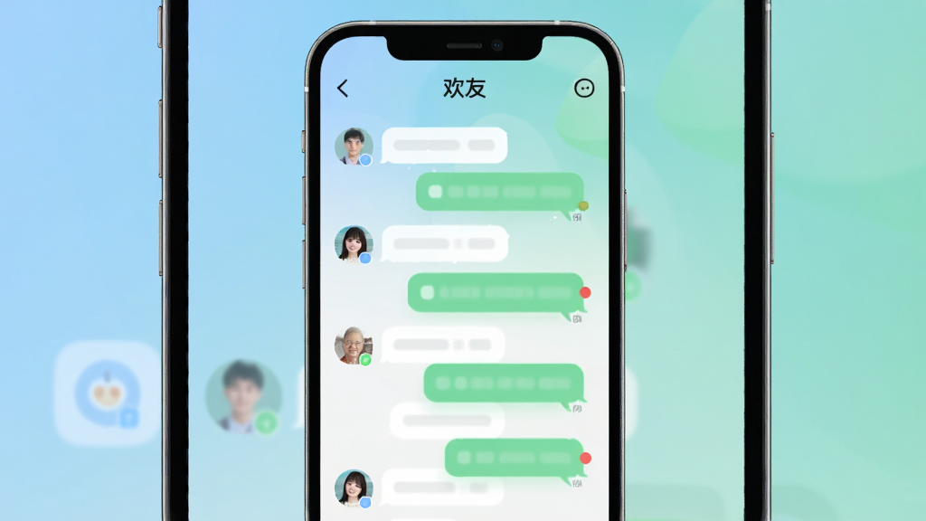 主体为一部智能手机屏幕,屏幕上显示“欢友”聊天界面,包含多个好友头像与对话气泡,布局居中,排版简洁,风格为现代扁平化科技风,细节包含柔和的蓝绿渐变背景、圆角图标、消息提示小红点,画质高清,画面干净,无多余元素