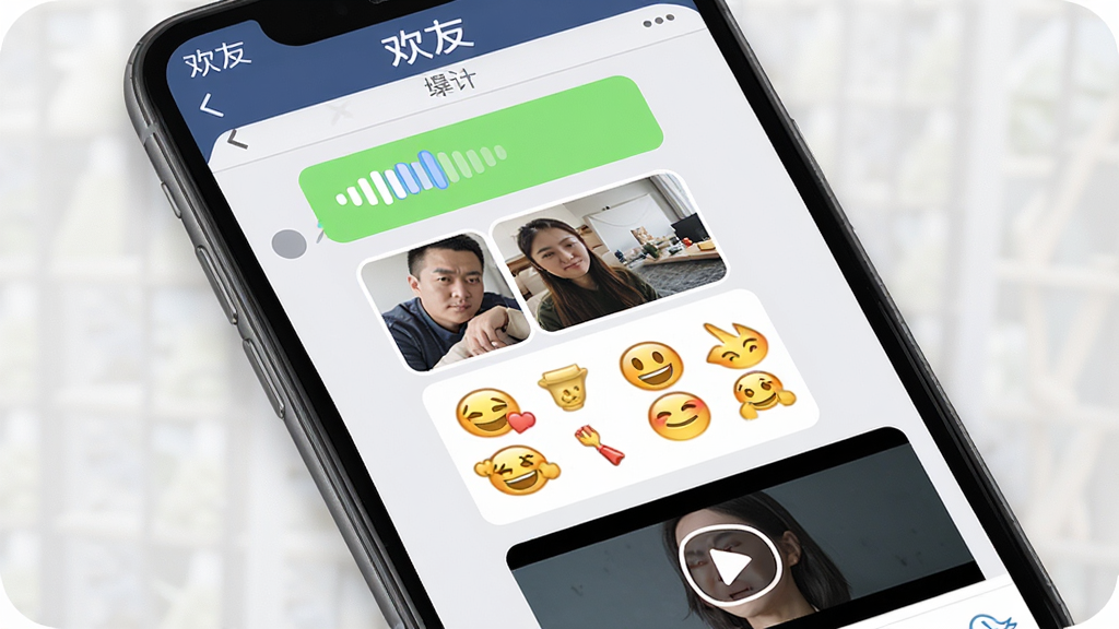 主体为手机聊天窗口特写,窗口内展示语音条、图片缩略图、表情包和短视频封面,布局为纵向排列,排版整齐,风格为写实UI风格,细节包含“欢友”软件名称出现在顶部标题栏,画质高清,画面干净,无多余元素