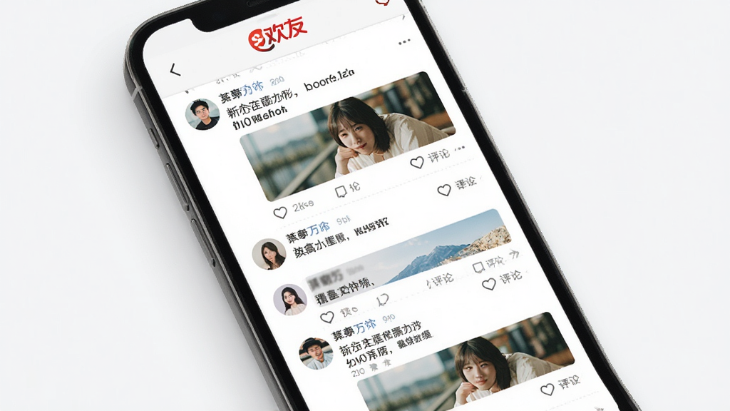 主体为手机屏幕显示动态信息流,每条动态包含用户头像、文字内容、图片和点赞评论图标,布局为瀑布流式,排版错落有致,风格为清新社交风,细节包含“欢友”标志在顶部,画质高清,画面干净,无多余元素