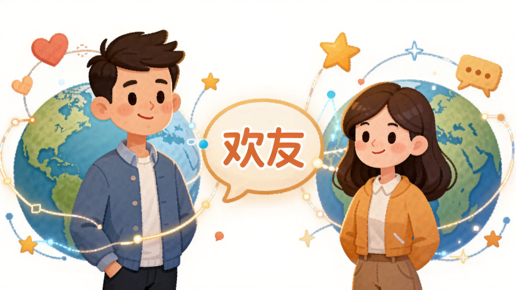 主体为一男一女两个卡通人物站在由数据线条连接的地球两侧,中间有“欢友”文字气泡,布局左右对称,排版居中,风格为温暖插画风,细节包含爱心、聊天气泡、星星点缀,画质高清,画面干净,无多余元素