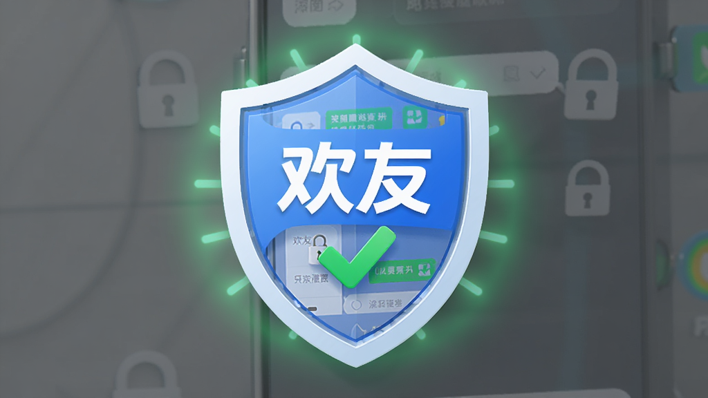 主体为一个盾牌图标保护着手机聊天界面,盾牌上有“欢友”字样,布局居中,排版简洁,风格为安全科技风,细节包含锁形图标、绿色对勾、柔和光晕,画质高清,画面干净,无多余元素